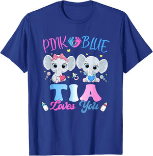 Pink or Blue Tia Loves You Gender Reveal Elephant T-Shirt - T-Shirt | Royal