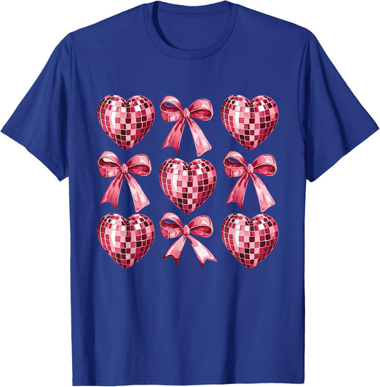 Pink Disco Heart & Bow Retro Valentine Aesthetic Women Teens T-Shirt - T-Shirt | Royal