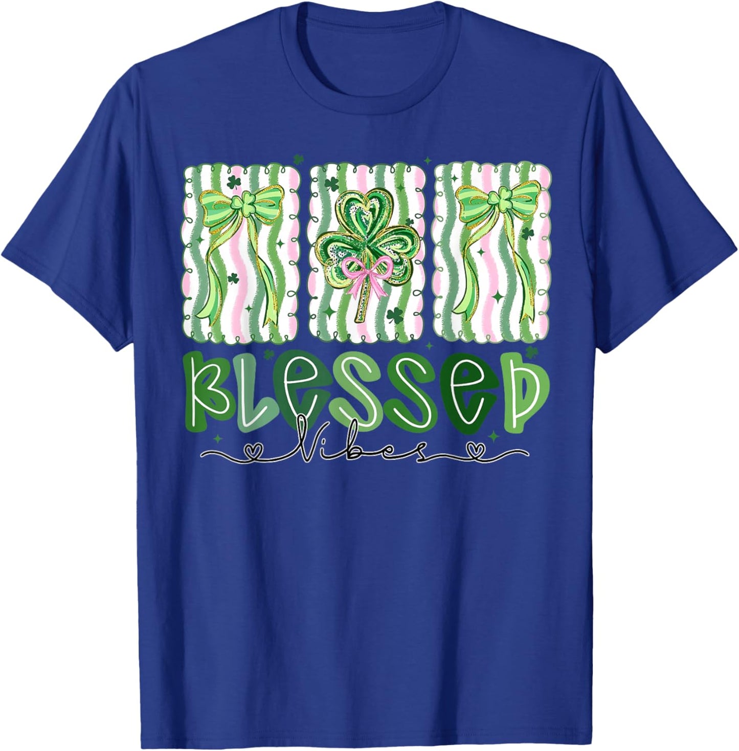 Preppy St Patrick's Day Shamrocks Coquette Bow Blessed Vibes T-Shirt - T-Shirt | Royal