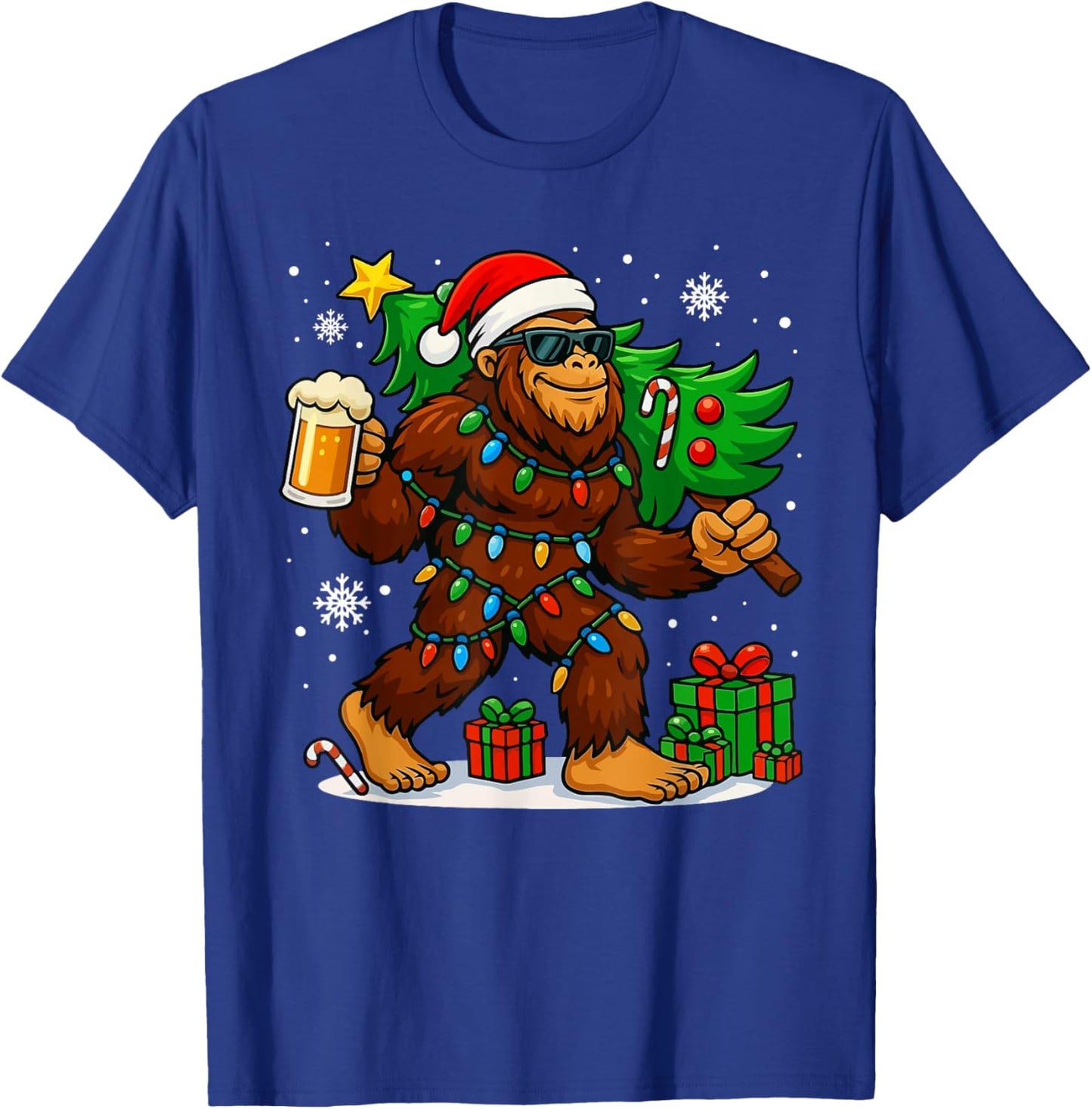 Funny Bigfoot Santa Christmas Tree Drink Beer Xmas Sasquatch T-Shirt - T-Shirt | Royal