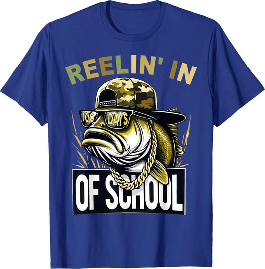 Retro Reelin’ in 100 Days of School Camo Bass Fishing Boys T-Shirt - T-Shirt | Royal