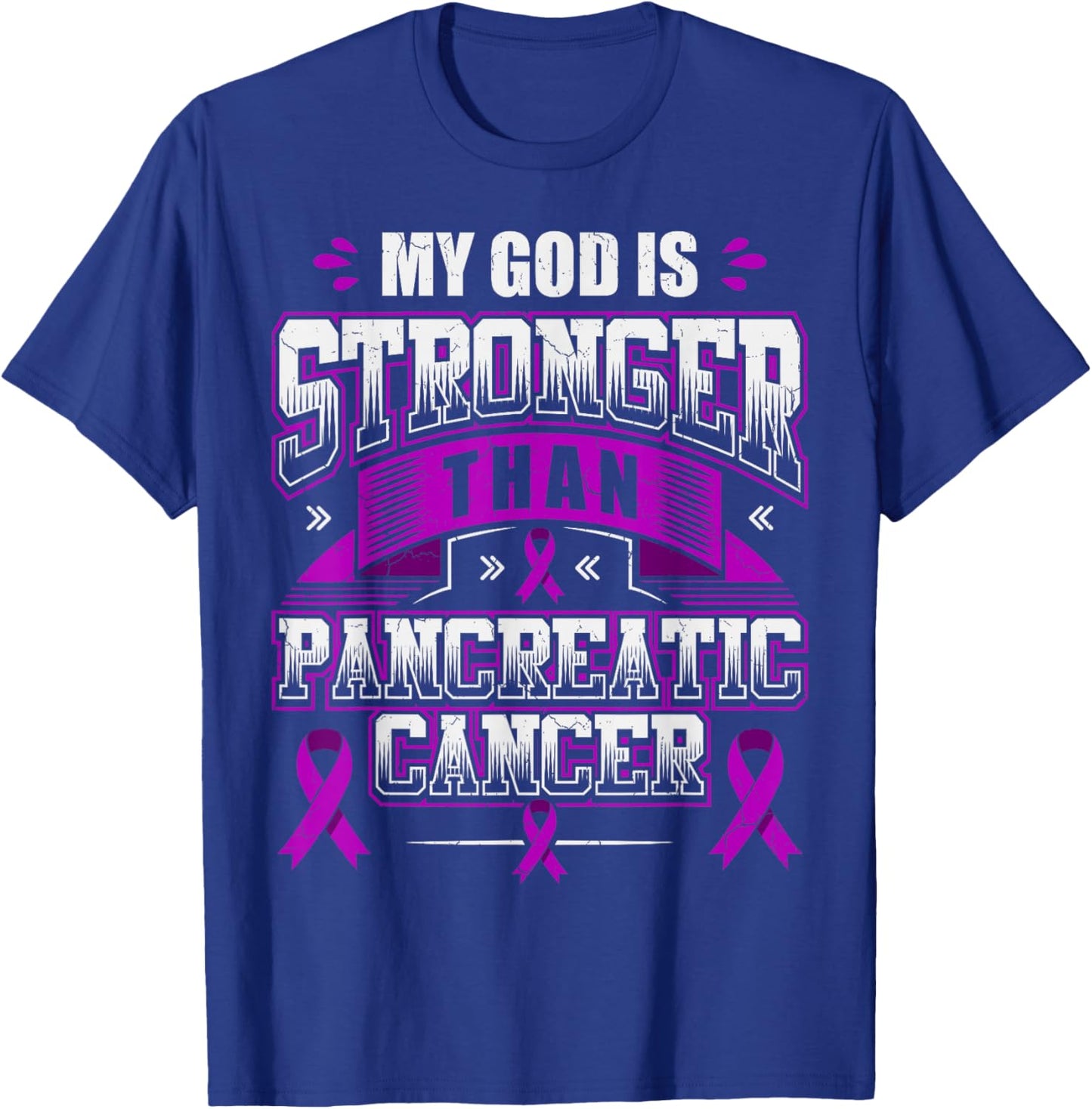 God is Stronger Pancreatic Cancer Month Awareness Ribbon T-Shirt - T-Shirt | Royal