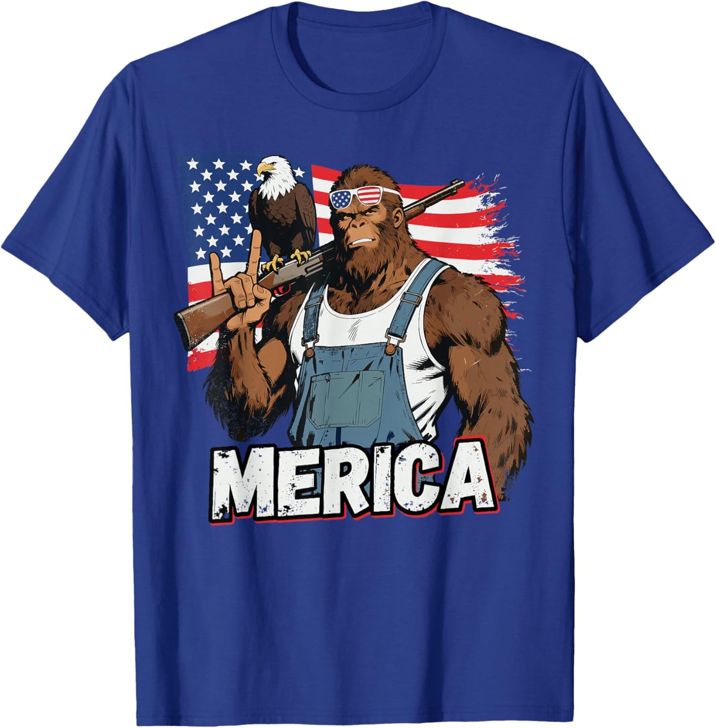 Bigfoot Merica Rock American Flag Patriotic 4th of July T-Shirt - T-Shirt | Royal