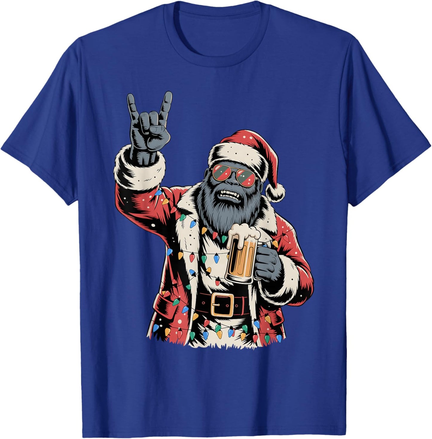 Rock Santa Bigfoot Sasquatch Beer Funny Christmas Men Women T-Shirt - T-Shirt | Royal