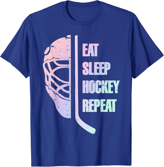 Eat Sleep Hockey Repeat Teens Cute Pastel Gradient Hockey T-Shirt - T-Shirt | Royal