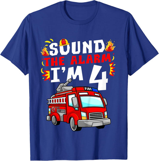 Fire Truck I'm 4 Sound The Alarm Firefighter 4th Birthday T-Shirt - T-Shirt | Royal