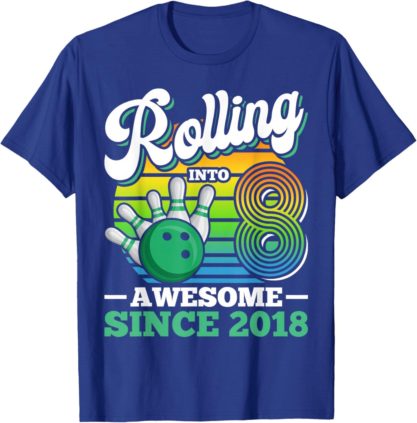 Rolling Into 8 Boy Retro Bowling Birthday Party 8th Birthday T-Shirt - T-Shirt | Royal