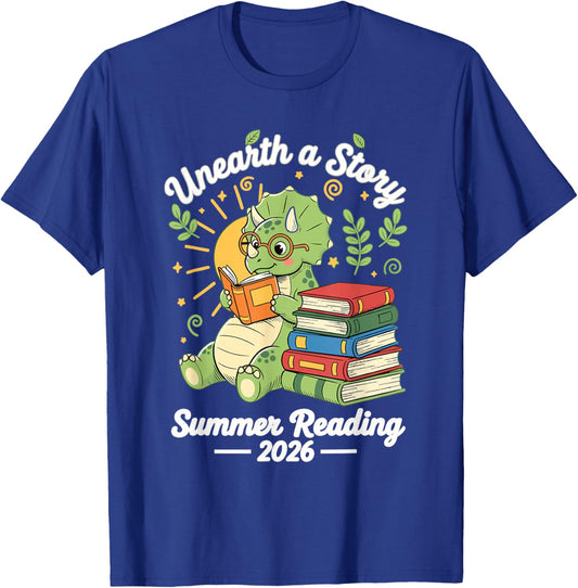 Unearth A Story Summer Reading 2026 Dino Triceratops T-Shirt - T-Shirt | Royal