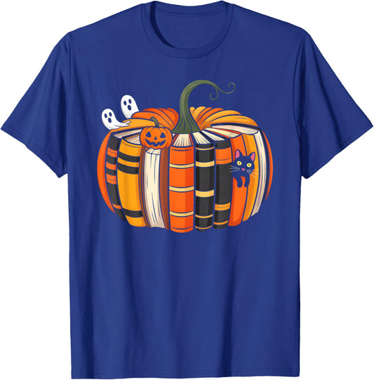 Fall Book Pumpkin Autumn Ghost Black Cat Halloween Teacher T-Shirt - T-Shirt | Royal