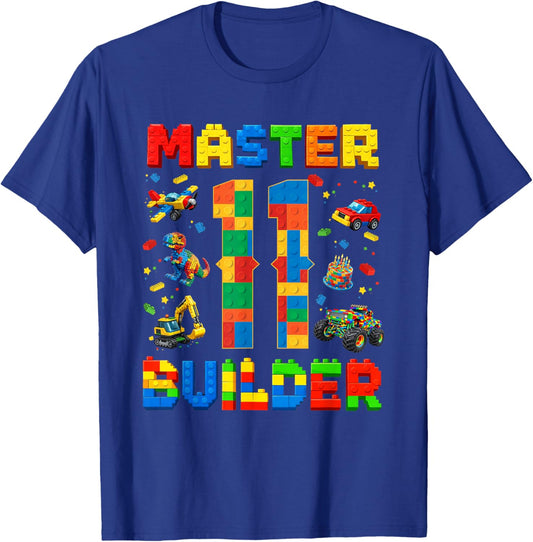 Master Builder 11th Birthday Building Blocks Boy Age 11 Dino T-Shirt - T-Shirt | Royal