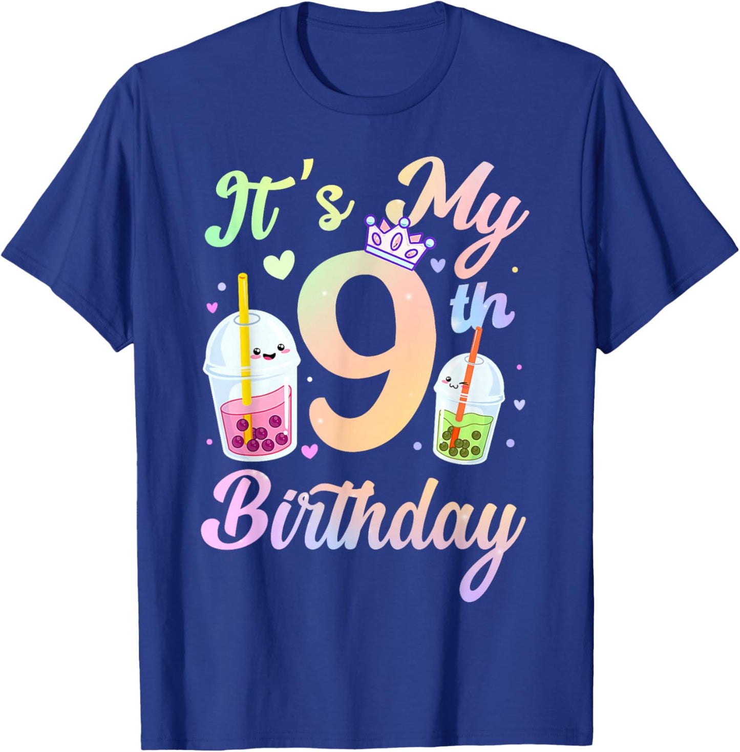 It's My 9th Birthday Bubble Boba Tea Party 9 Year Old Girls T-Shirt - T-Shirt | Royal