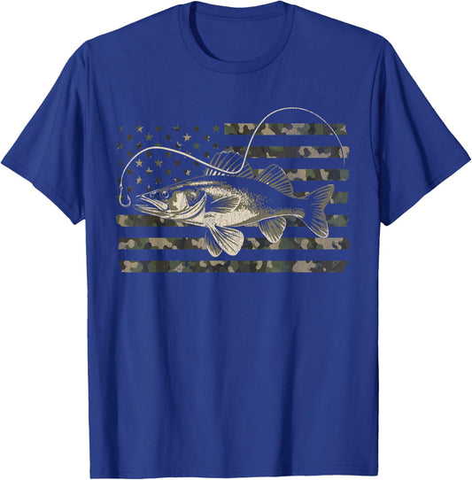 Walleye Fishing Camo American Flag T-Shirt - T-Shirt | Royal