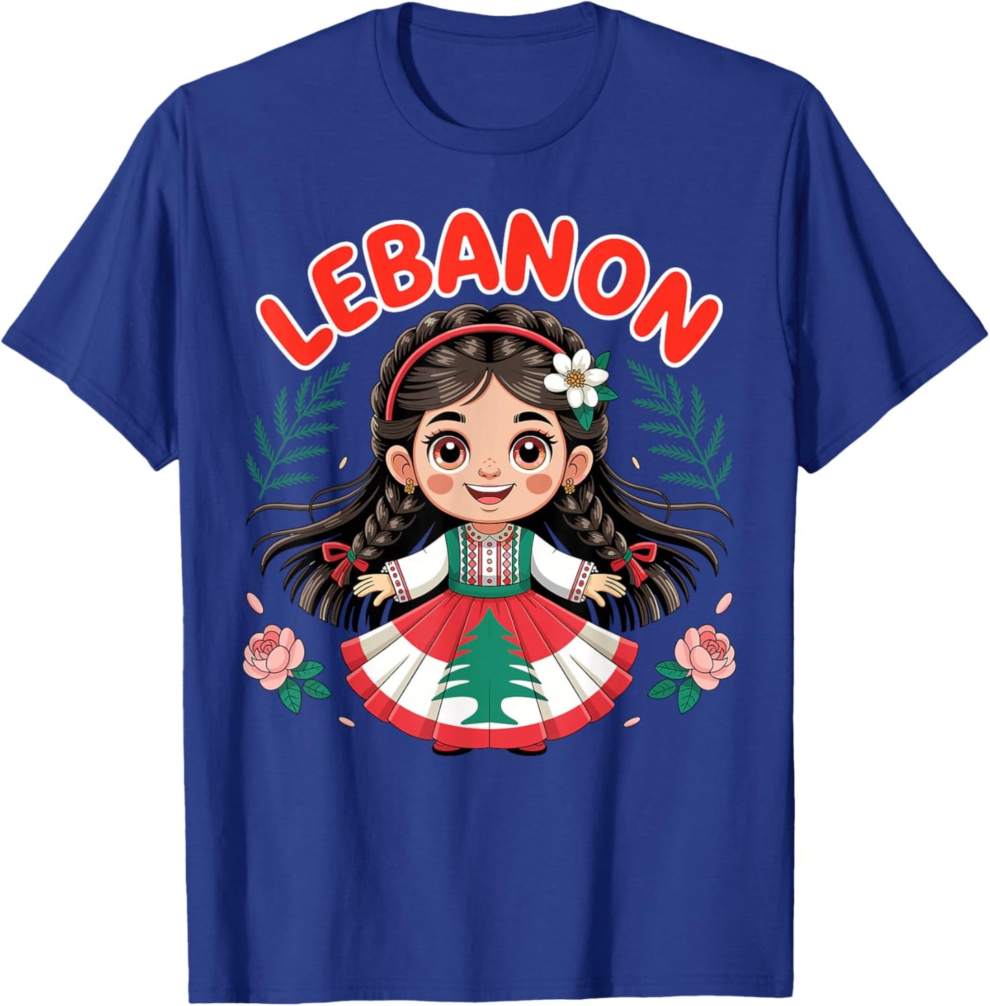 Lebanese Girl Traditional Dress with Flag Colors and Flowers T-Shirt - T-Shirt | Royal