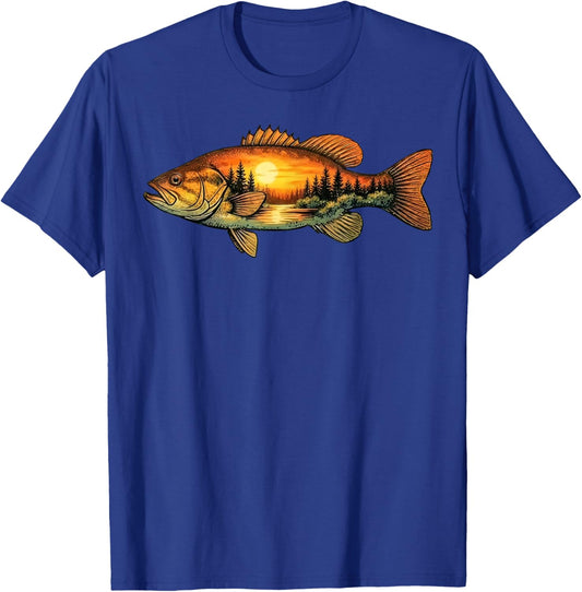Smallmouth bass Fishing Sunset Nature Landscape T-Shirt - T-Shirt | Royal