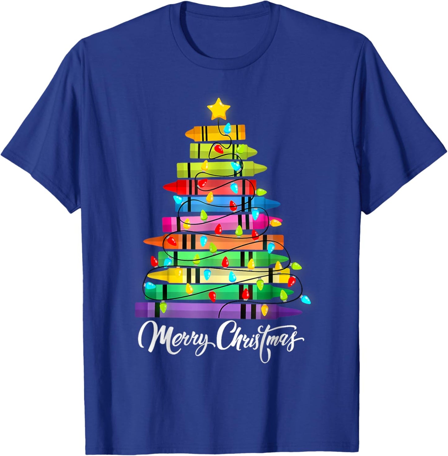 Teacher Crayon Merry Christmas Tree Lights School Xmas T-Shirt - T-Shirt | Royal