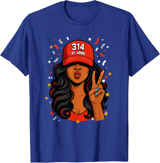 St. Louis 314 Black Woman Wearing Red Hat T-Shirt - T-Shirt | Royal