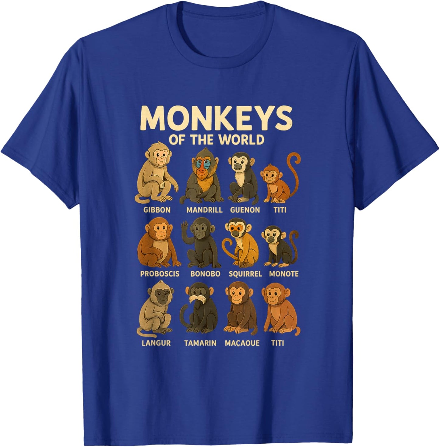 Monkeys of The World Cute Primate Species Cartoon Shirt T-Shirt - T-Shirt | Royal