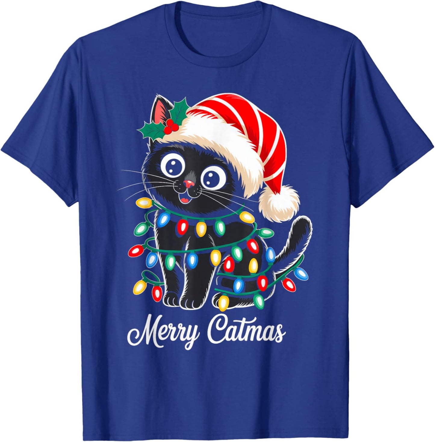 Cute Black Cat Christmas Lights Santa Hat Xmas Merry Catmas T-Shirt - T-Shirt | Royal