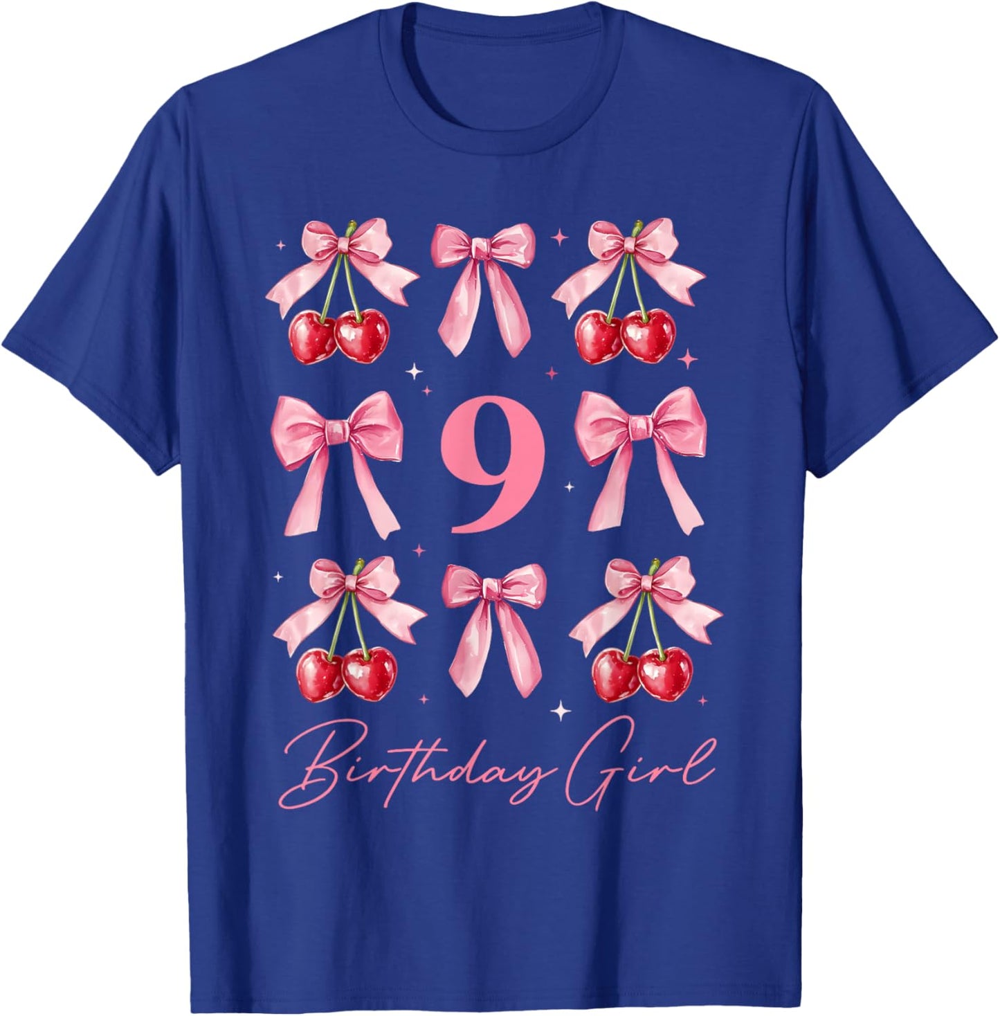 Birthday Girl 9th Birthday Cherry Coquette Bow 9 Year Old T-Shirt - T-Shirt | Royal