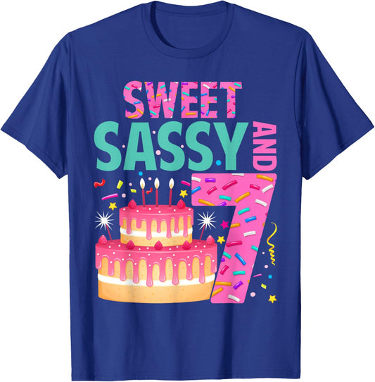 Kids Sweet Sassy and Seven Birthday Girl Donut 7 Year Old T-Shirt - T-Shirt | Royal
