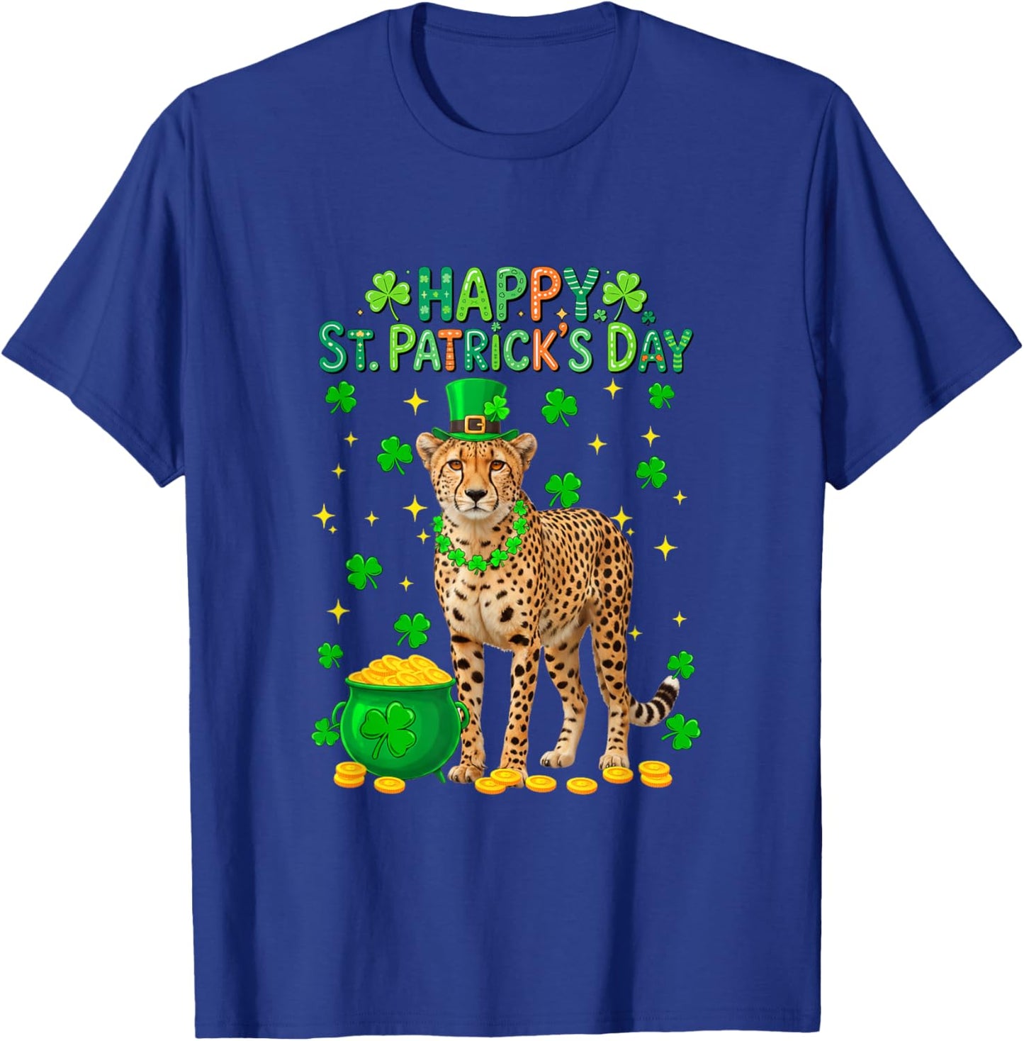 Happy St. Patrick's Day Cheetah Shamrocks Coins Lover Kids T-Shirt - T-Shirt | Royal