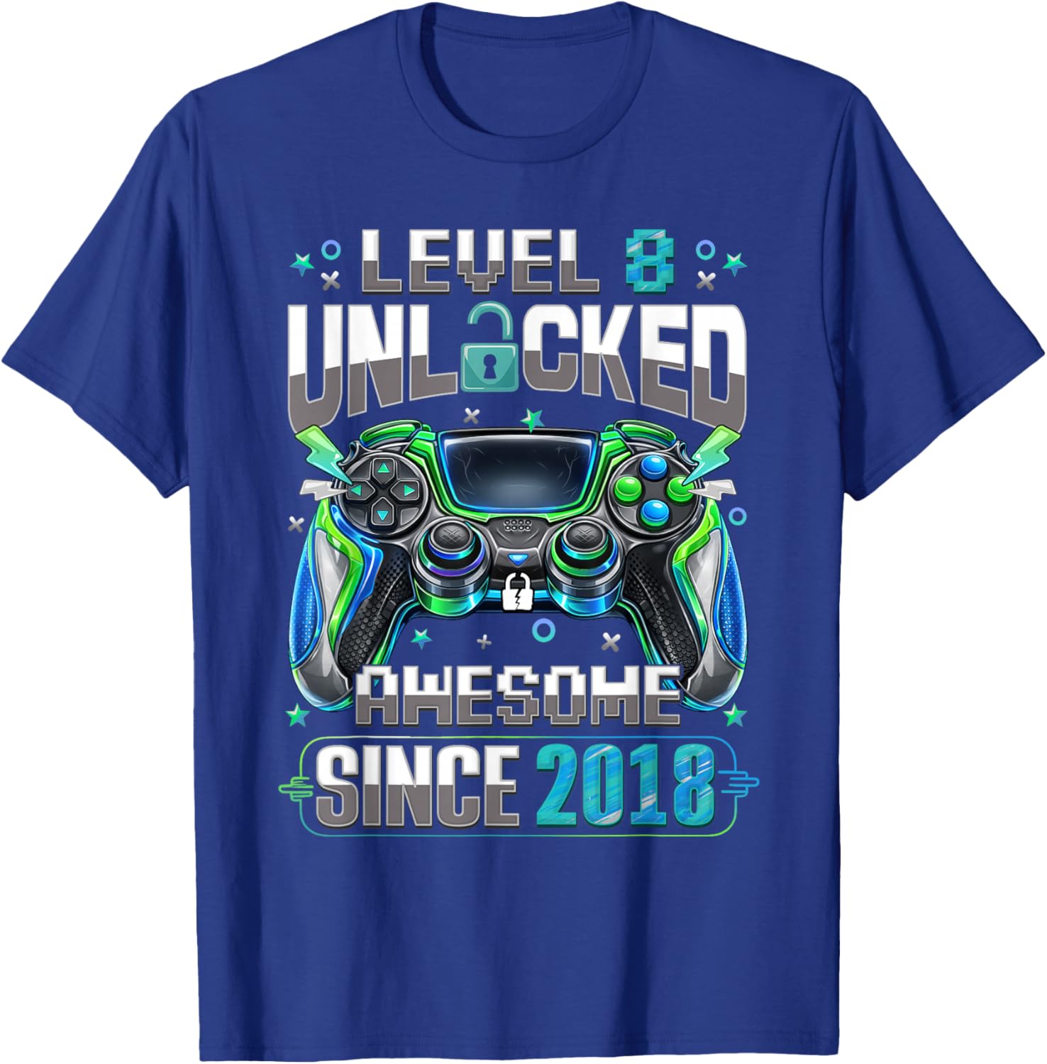 Level 8 Unlocked Awesome Since 2018 8th Birthday Gamer Boys T-Shirt - T-Shirt | Royal