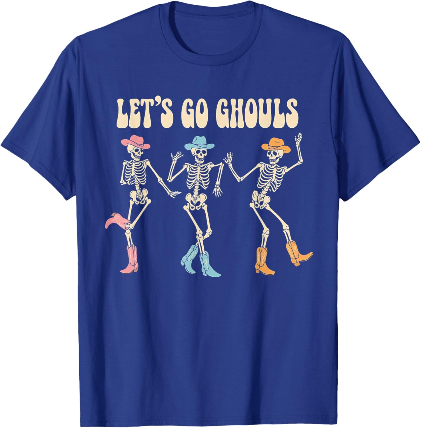 Let's Go Ghouls Women Halloween Dancing Skeleton Ghost T-Shirt - T-Shirt | Royal