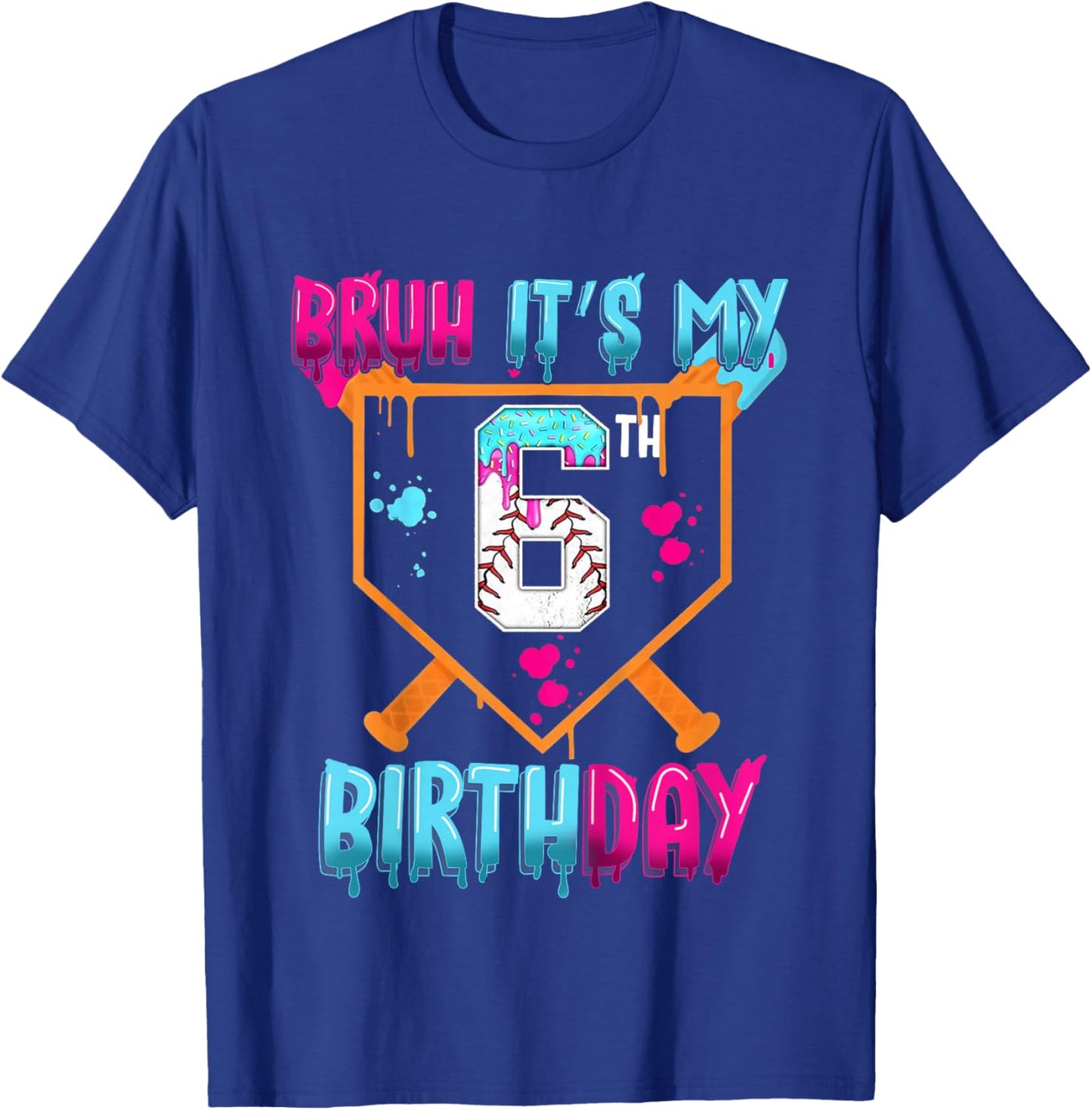 Kids Baseball Drip Bruh It's My 6th Birthday Boy Ice Cream Drip T-Shirt - T-Shirt | Royal