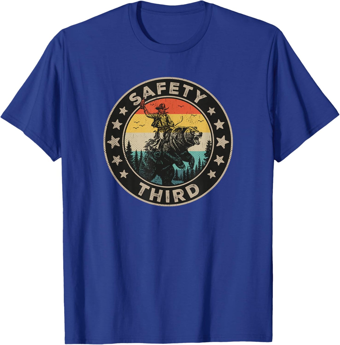 Safety Third Funny Cowboy Riding Bear Retro Sarcastic Safety T-Shirt - T-Shirt | Royal