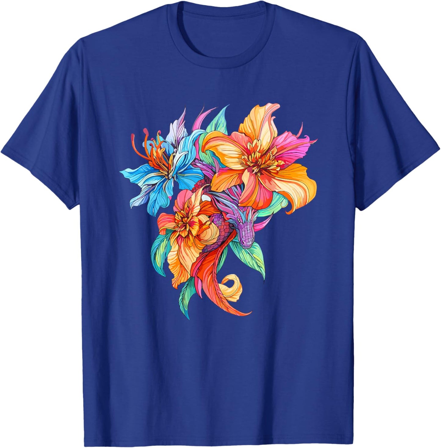 Colorful Dragon with Bright Fantasy Flowers T-Shirt - T-Shirt | Royal