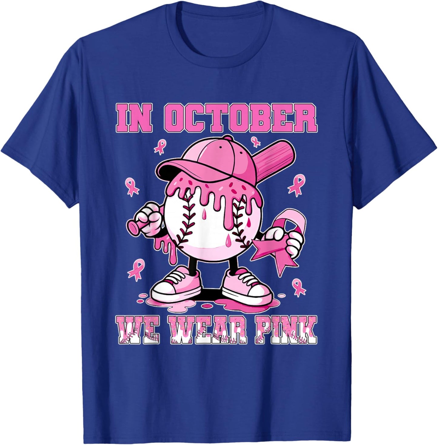 in October We Wear Pink Baseball Drip Breast Cancer T-Shirt - T-Shirt | Royal