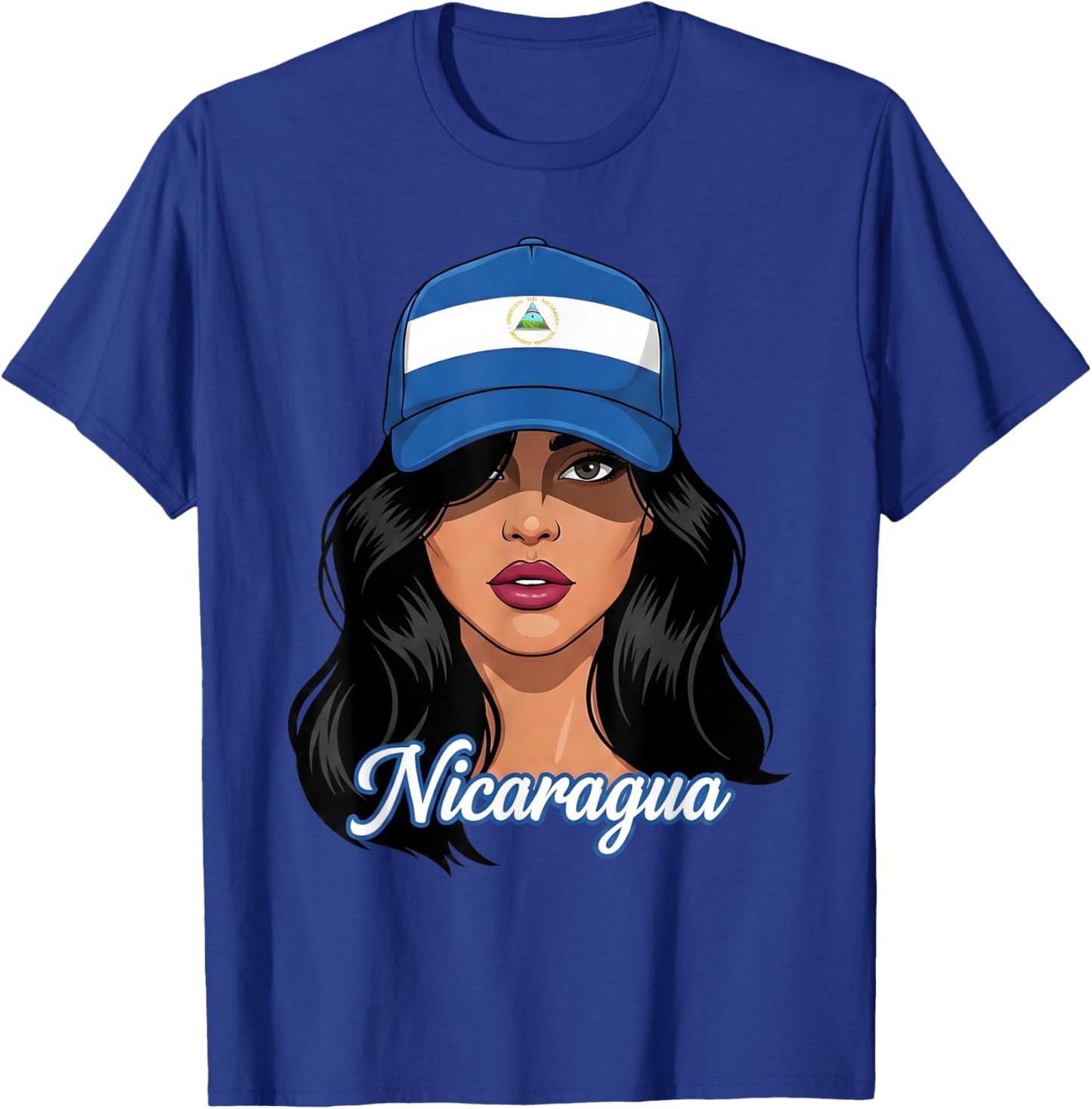 Nicaraguan Woman Girl Wearing Nicaragua Flag Baseball Cap T-Shirt - T-Shirt | Royal