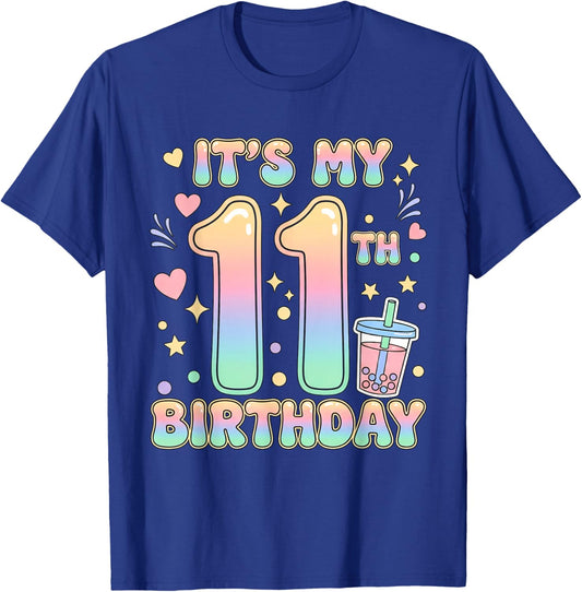 It's My 11th Birthday Bubble Boba Tea Party 11 Year Old Girl T-Shirt - T-Shirt | Royal