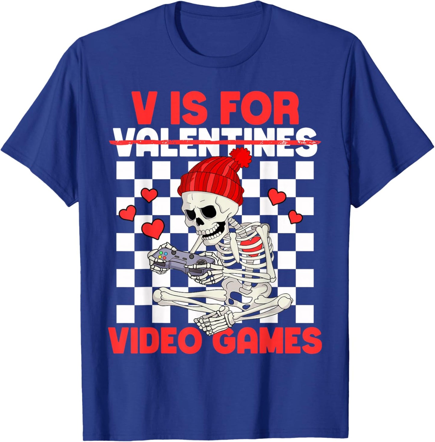 V is for Video Games Funny Boys Valentines Skeleton Gamer T-Shirt - T-Shirt | Royal