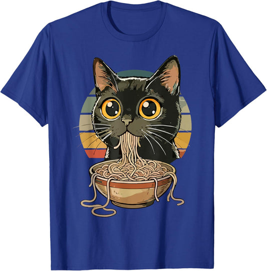 Cat Ramen Retro Sunset Anime Kawaii Eating Noodles T-Shirt - T-Shirt | Royal