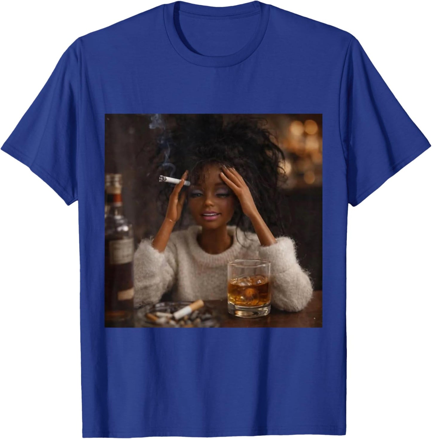 Funny Distressed Doll Face Meme Smoking Sarcastic Humor Gift T-Shirt - T-Shirt | Royal