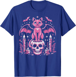 Cat Bat On Skull Halloween Costume Goth Women Girls Kids T-Shirt - T-Shirt | Royal