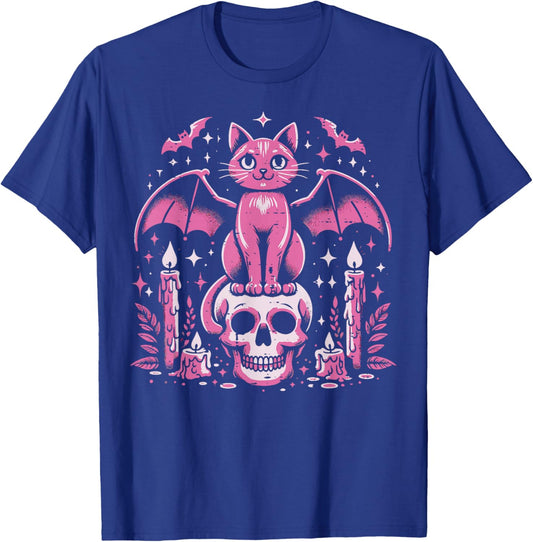 Cat Bat On Skull Halloween Costume Goth Women Girls Kids T-Shirt - T-Shirt | Royal
