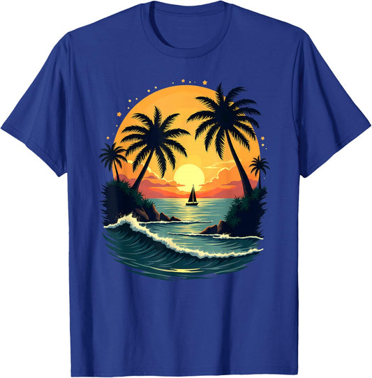 Retro Sunset Beach Palm Trees Sailboat Sailing T-Shirt - T-Shirt | Royal