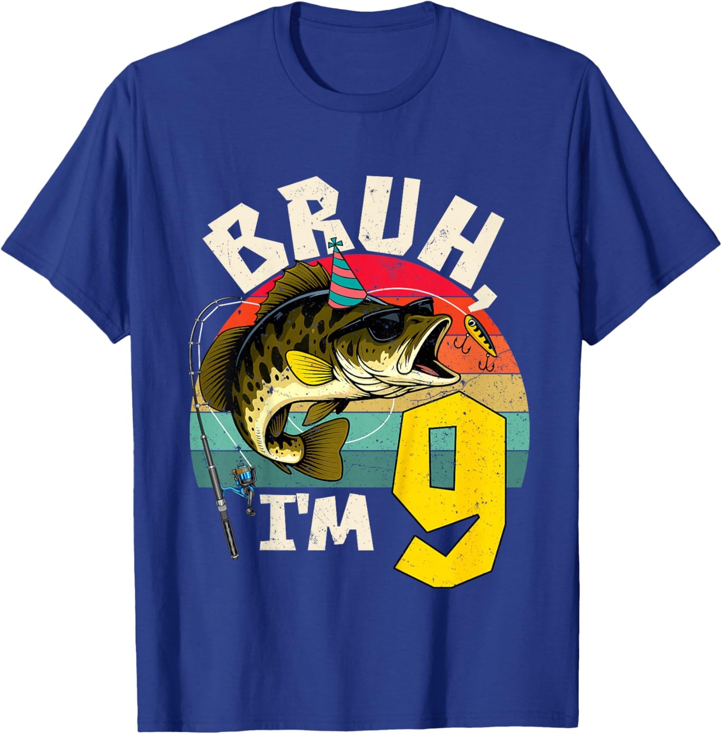 Bruh I'm 9 Years Old Fishing Birthday Theme Party T-Shirt - T-Shirt | Royal