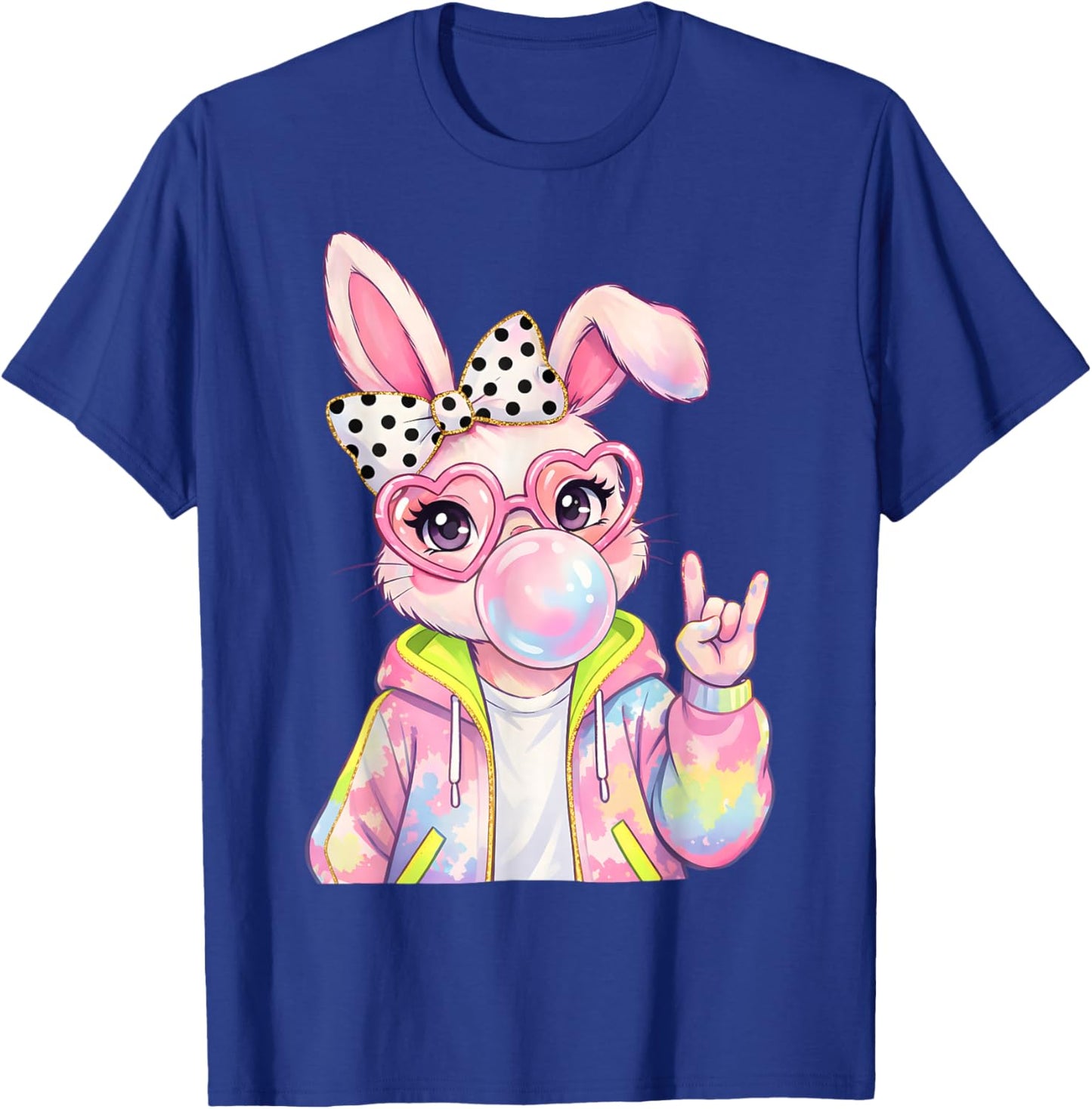 Bunny Face with Tie Dye Glasses Happy Easter Day Girl Women T-Shirt - T-Shirt | Royal