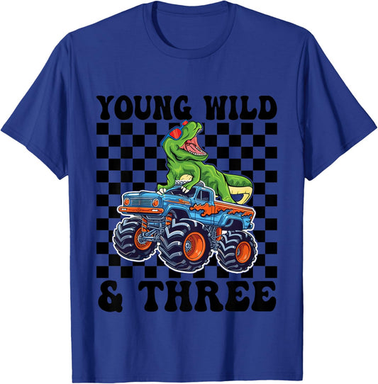 3rd Birthday Monster Truck Young Wild and Three 3 Year Old T-Shirt - T-Shirt | Royal