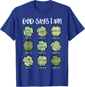 God Says I Am St Patricks Day Shamrock Christian Bible Verse T-Shirt - T-Shirt | Royal