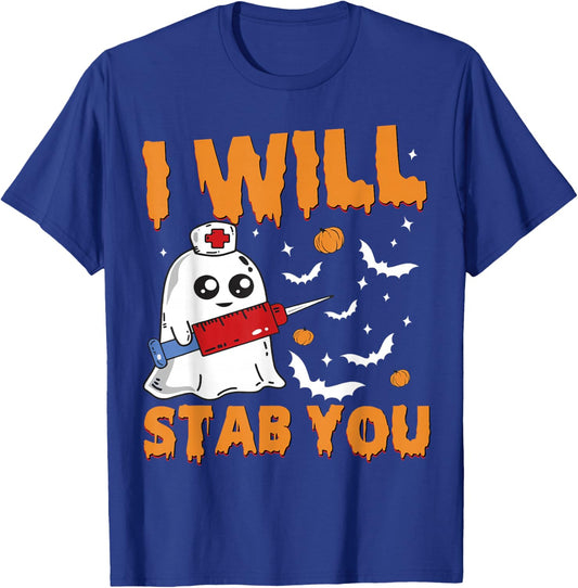 I Will Stab You Ghost Nurse Retro Funny Halloween for Nurses T-Shirt - T-Shirt | Royal