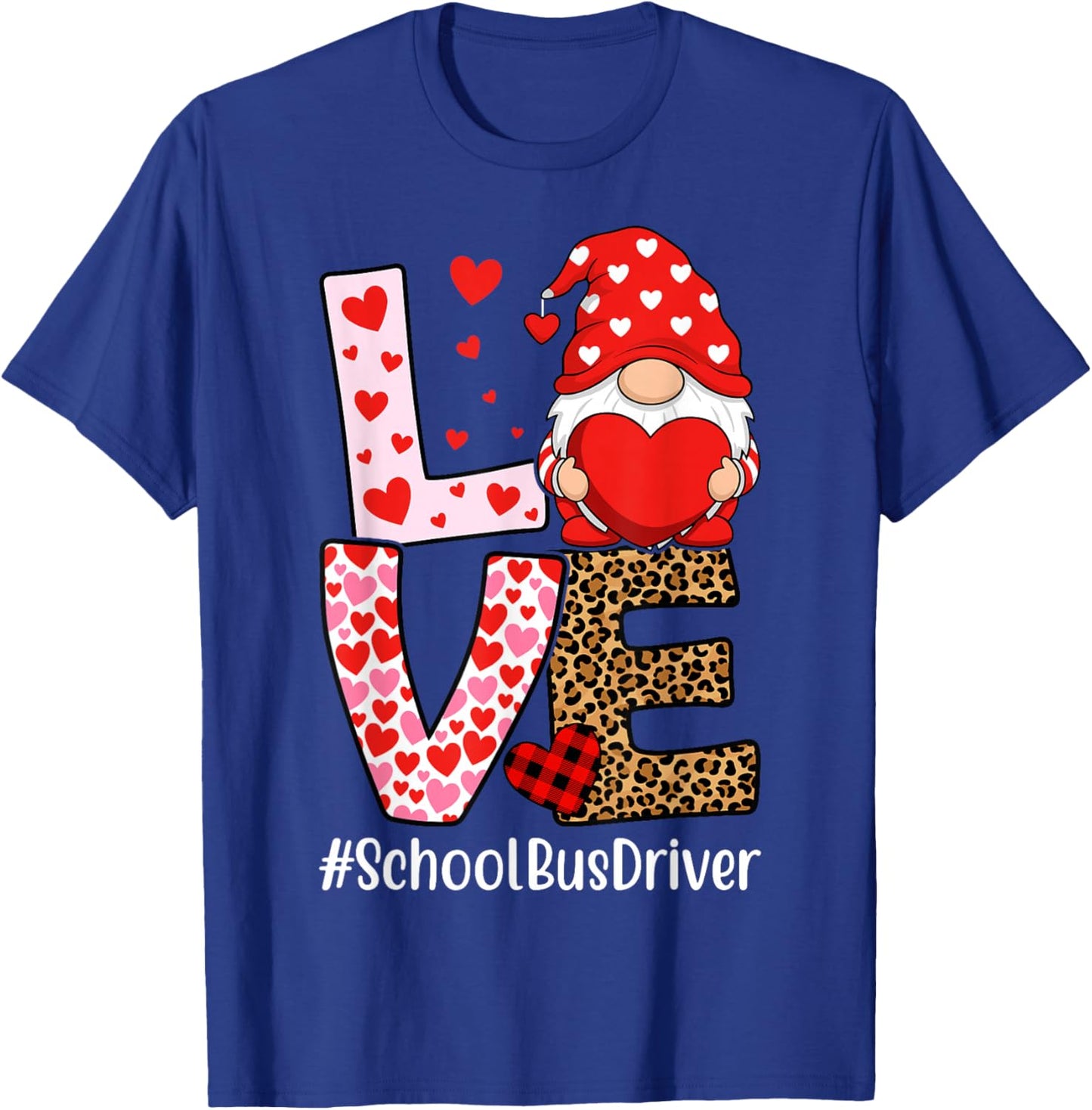 School Bus Driver Love Gnome Heart Valentine's Day T-Shirt - T-Shirt | Royal