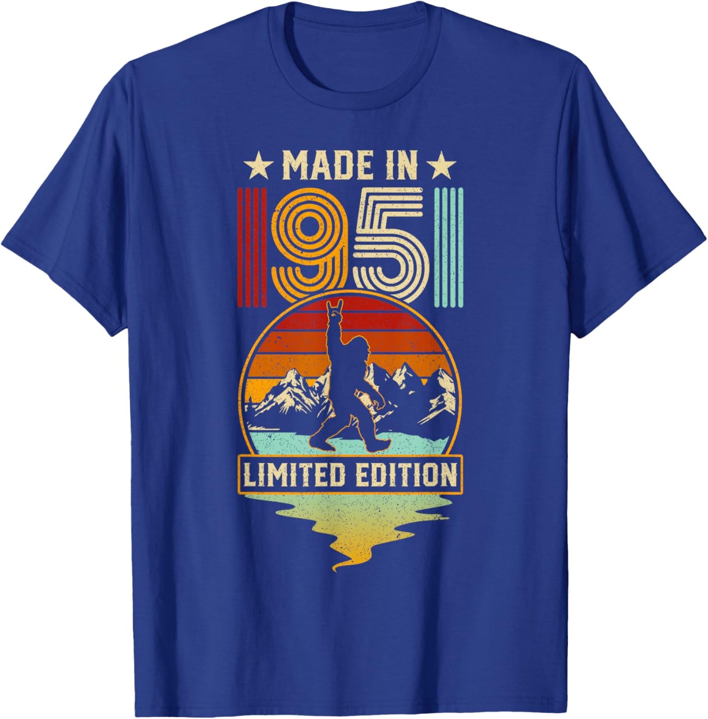 Retro 1951 75th Birthday Funny Bigfoot Adventure 75-Year-Old T-Shirt - T-Shirt | Royal