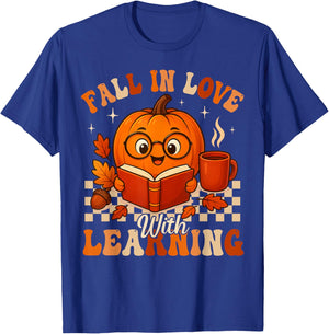 Fall in Love with Learning Pumpkin Book Autumn Halloween T-Shirt - T-Shirt | Royal