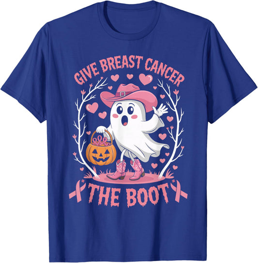 Give Breast Cancer The Boot Ghost Cowgirl Cancer Awareness T-Shirt - T-Shirt | Royal