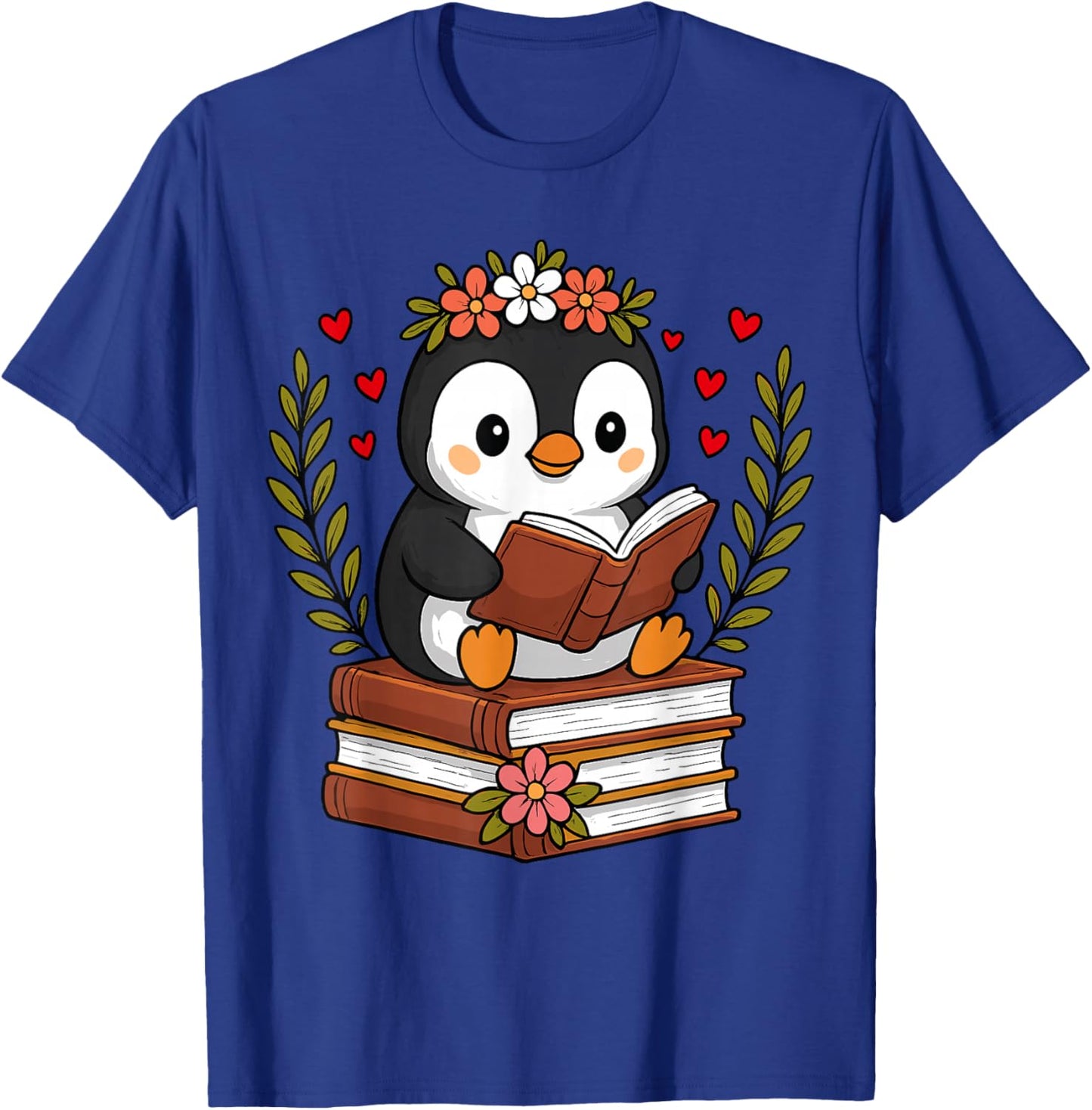 Penguin Reading Book Graphic Penguin with Book Floral T-Shirt - T-Shirt | Royal