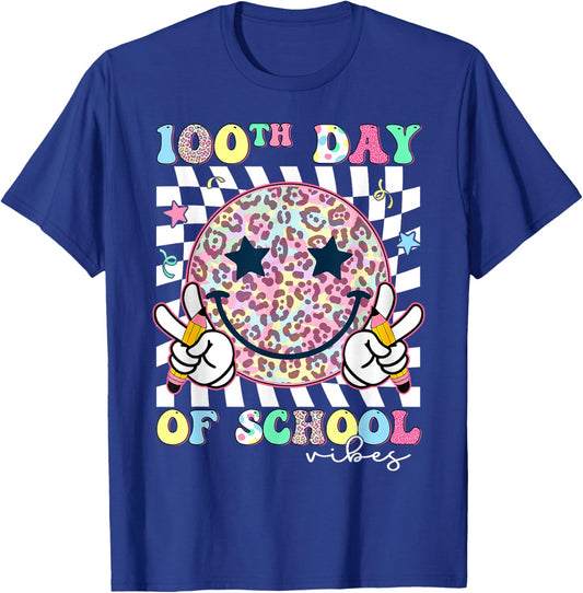 Leopard Smile Face 100th Day of School Vibes Teacher Kid T-Shirt - T-Shirt | Royal